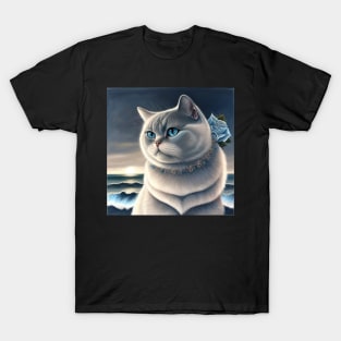 British Shorthair With A Blue Rose T-Shirt